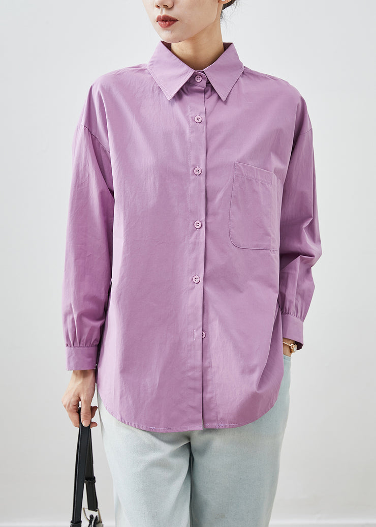 Style Purple Peter Pan Collar Pocket Cotton Shirt Top Fall