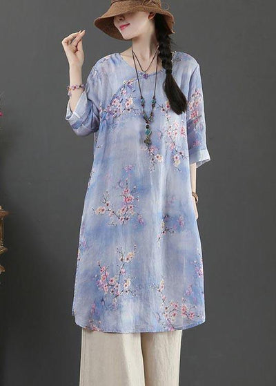 Style Purple Print Oriental Long Linen Shirt Top Summer - bagstylebliss