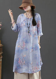 Style Purple Print Oriental Long Linen Shirt Top Summer - bagstylebliss