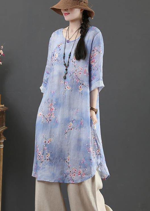 Style Purple Print Oriental Long Linen Shirt Top Summer - bagstylebliss