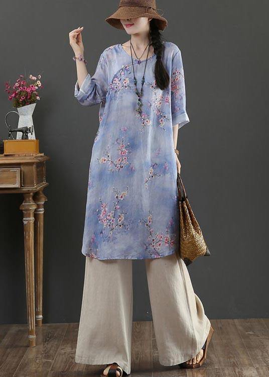 Style Purple Print Oriental Long Linen Shirt Top Summer - bagstylebliss