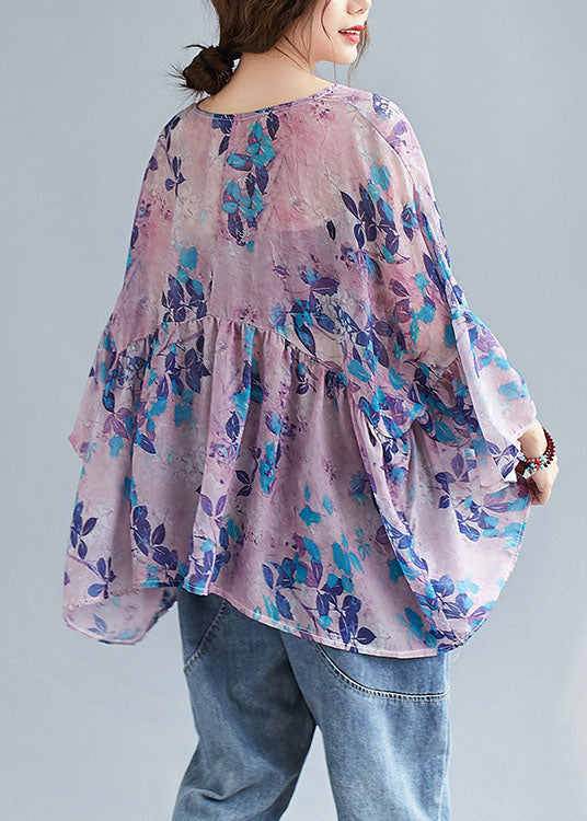 Style Purple V Neck Patchwork Print Fall Tops Three Quarter Sleeve