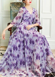 Style Purple V Neck Print Slim Chiffon Vacation Maxi Dresses Spring