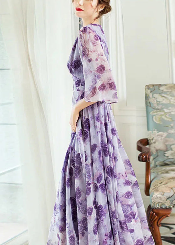 Style Purple V Neck Print Slim Chiffon Vacation Maxi Dresses Spring