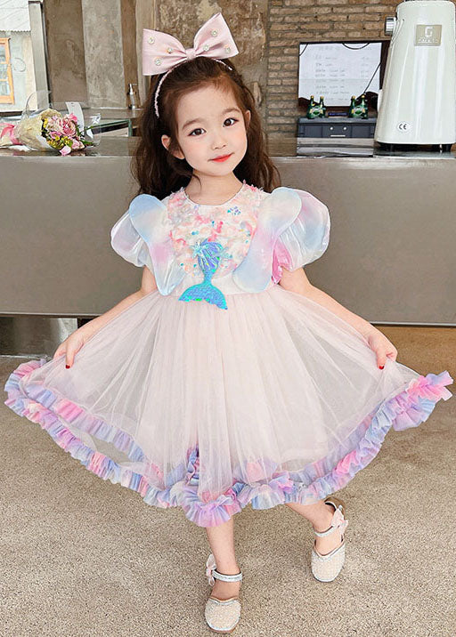 Style Rainbow Ruffled Patchwork Tulle Kids Girls Dress Summer