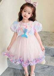 Style Rainbow Ruffled Patchwork Tulle Kids Girls Dress Summer