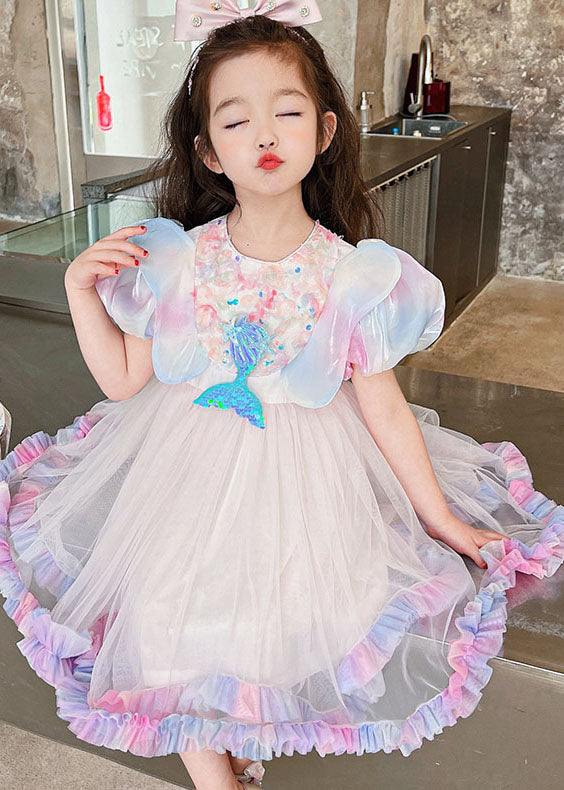 Style Rainbow Ruffled Patchwork Tulle Kids Girls Dress Summer