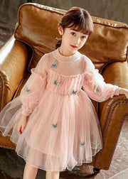 Style Red Butterfly Embroidered Knit Patchwork Tulle Kids Long Dresses Long Sleeve