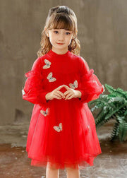 Style Red Butterfly Embroidered Knit Patchwork Tulle Kids Long Dresses Long Sleeve