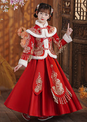 Style Red Embroidered Tassel Girls Coats And Long Skirts Two Piece Set Long Sleeve