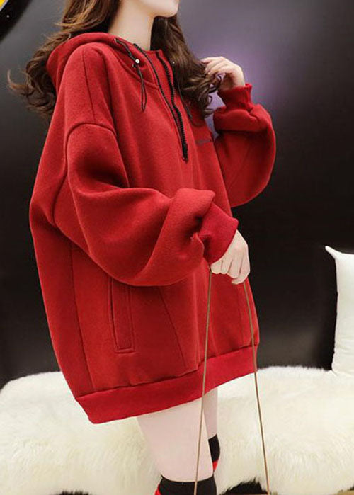 Style Red Hooded Graphic Warm Fleece Pullover Street Wear Winter