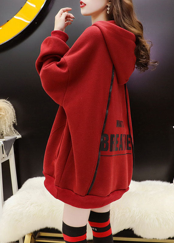 Style Red Hooded Graphic Warm Fleece Pullover Street Wear Winter