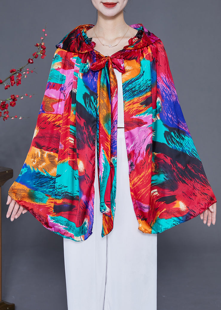 Style Red Hooded Print Silk Shawl