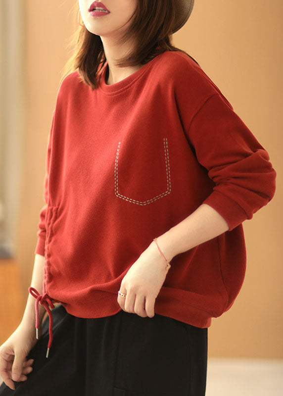 Style Red Loose O-Neck Patchwork Herbst Sweatshirts Top