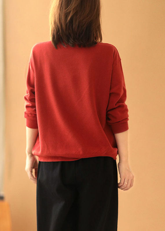 Style Red Loose O-Neck Patchwork Fall Sweatshirts Top