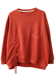 Style Red Loose O-Neck Patchwork Fall Sweatshirts Top