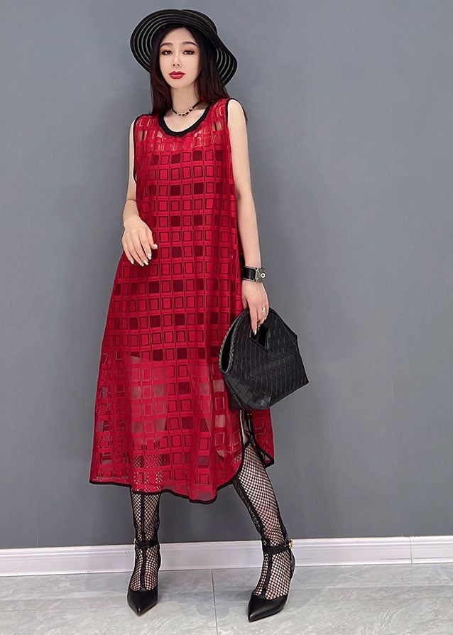 Style Red O-Neck Side Open Plaid Chiffon Langes Kleid Ärmellos