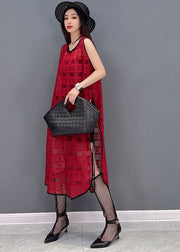 Style Red O-Neck Side Open Plaid Chiffon Long Dress Sleeveless