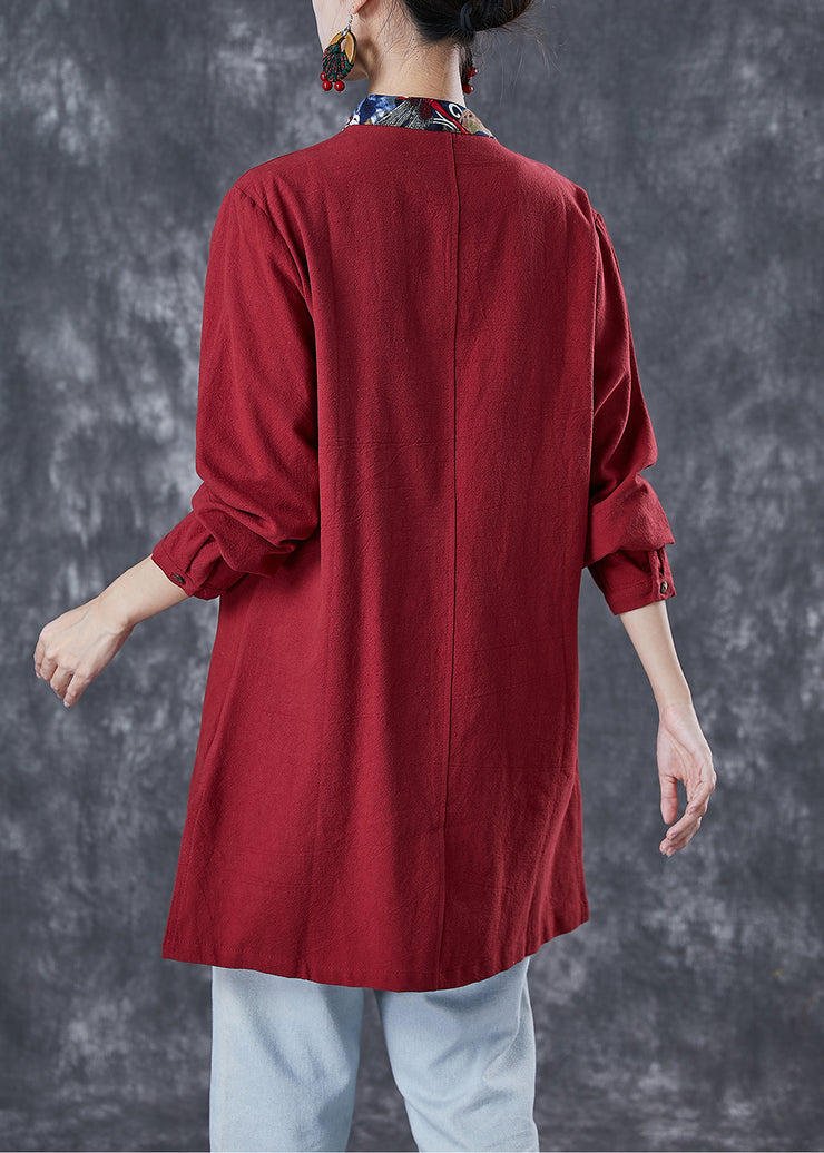 Style Red Oversized Patchwork Chinese Button Cotton Shirt Fall