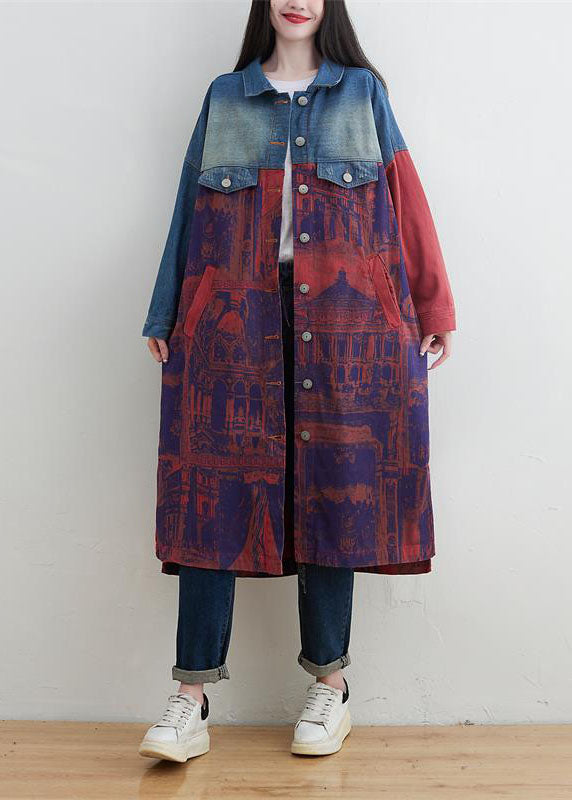 Style Red Peter Pan Collar Patchwork Print Denim Outwear Spring