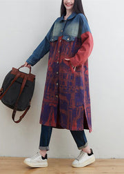 Style Red Peter Pan Collar Patchwork Print Denim Outwear Spring