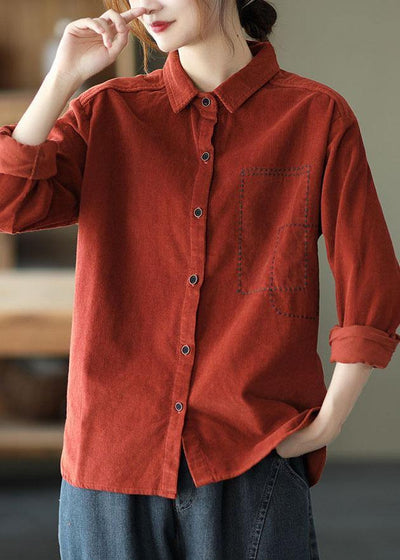 Style Red Retro Peter Pan Collar Button Fall Corduroy Long Sleeve Tops - bagstylebliss