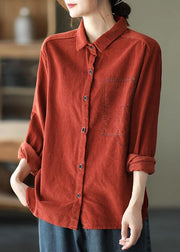Style Red Retro Peter Pan Collar Button Fall Corduroy Long Sleeve Tops - bagstylebliss