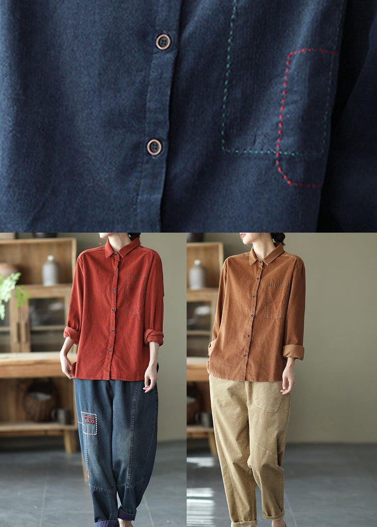 Style Red Retro Peter Pan Collar Button Fall Corduroy Long Sleeve Tops - bagstylebliss