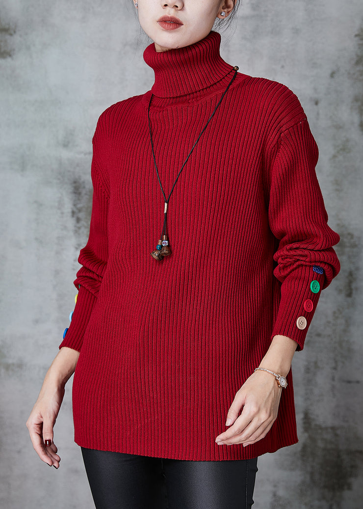 Style Red Turtle Neck Colored Buttons Thick Knit Sweater Spring