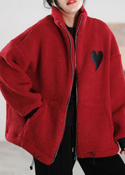 Style Red Zip Up Pockets Faux Fur Winter Coat