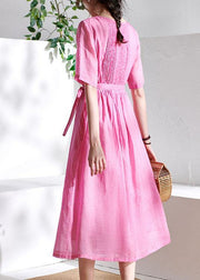 Style Rose Cinched Sashes Summer Ramie Sundress Half Sleeve - bagstylebliss