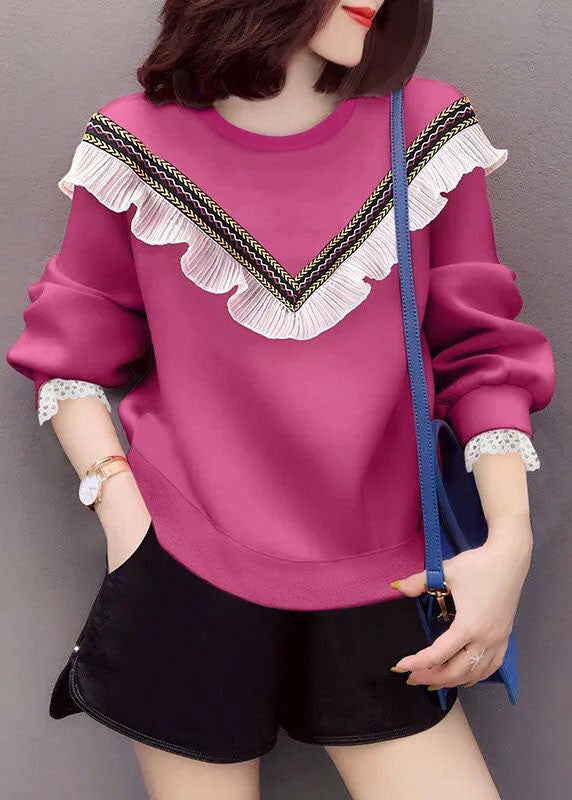 Style Rose O-Neck Ruffled Casual Fall Loose Sweatshirts Top