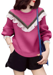 Style Rose O-Neck Ruffled Casual Fall Loose Sweatshirts Top