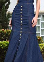 Style Slim Fit Navy O Neck Patchwork Long Denim Dress Summer