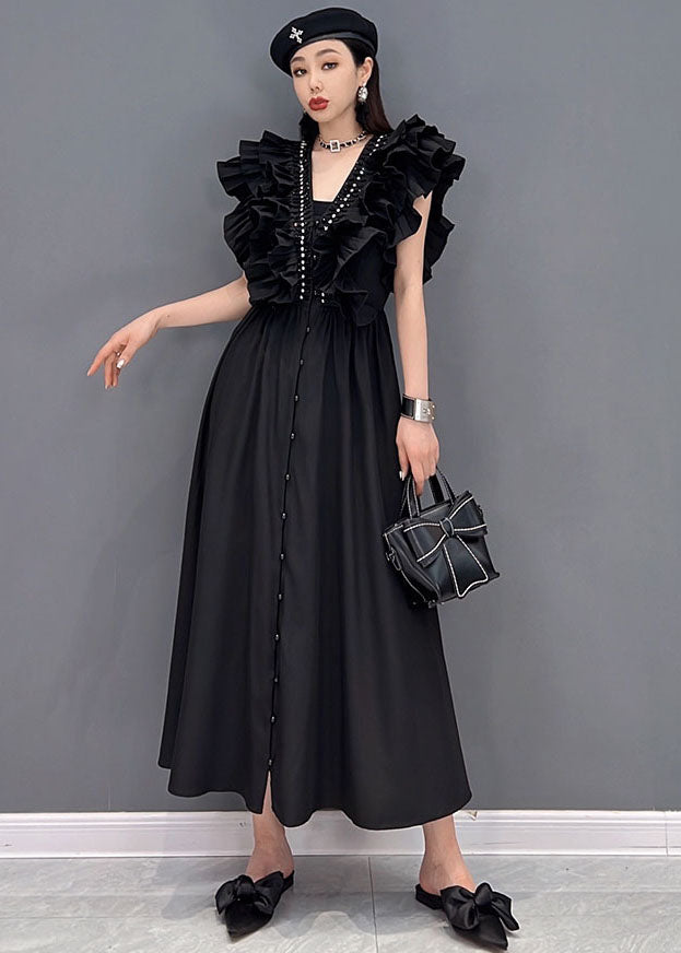 Style Solid Black V Neck Original Ruffles Cotton Long Dress Vestidos Sleeveless