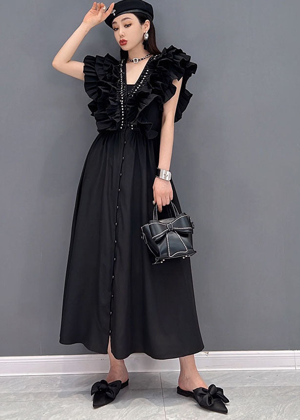 Style Solid Black V Neck Original Ruffles Cotton Long Dress Vestidos Sleeveless