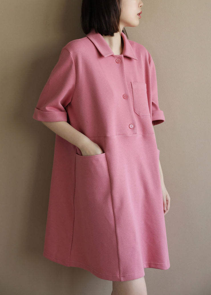 Style Solid Pink Peter Pan Collar Big Pockets Cotton Loose Dress Short Sleeve