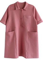 Style Solid Pink Peter Pan Collar Big Pockets Cotton Loose Dress Short Sleeve