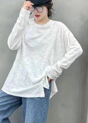 Style Solid White O-Neck Asymmetrical Design Cotton Top Long Sleeve