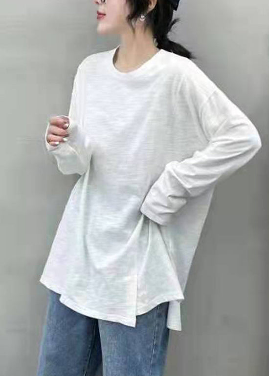 Style Solid White O-Neck Asymmetrisches Design Cotton Top Long Sleeve