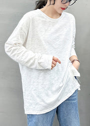 Style Solid White O-Neck Asymmetrisches Design Cotton Top Long Sleeve