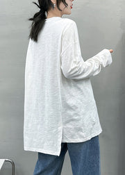 Style Solid White O-Neck Asymmetrical Design Cotton Top Long Sleeve