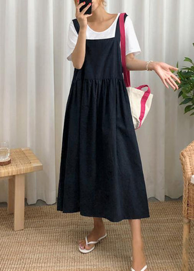 2021 Style Spaghetti Strap Cinched linen cotton clothes For Women Sewing black Dress - bagstylebliss