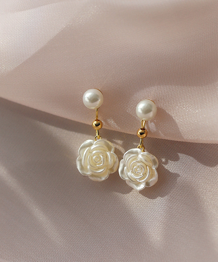 Style White Alloy Pearl Floral Drop Earrings