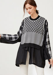 Style White Cinched Plaid Patchwork Knit Shirt Spring