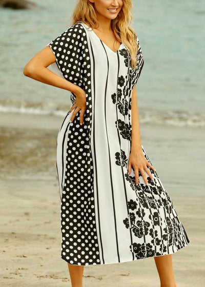Style White Dot Floral V Neck Cotton Loose Beach Gown  Mid Dress - bagstylebliss