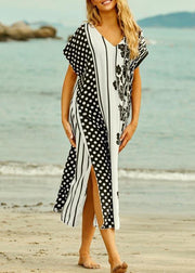 Style White Dot Floral V Neck Cotton Loose Beach Gown  Mid Dress - bagstylebliss