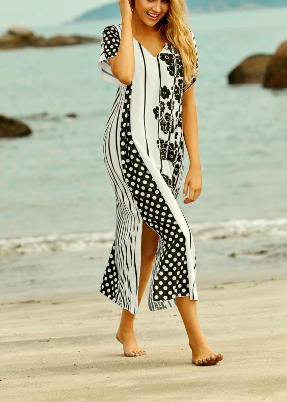 Style White Dot Floral V Neck Cotton Loose Beach Gown  Mid Dress - bagstylebliss