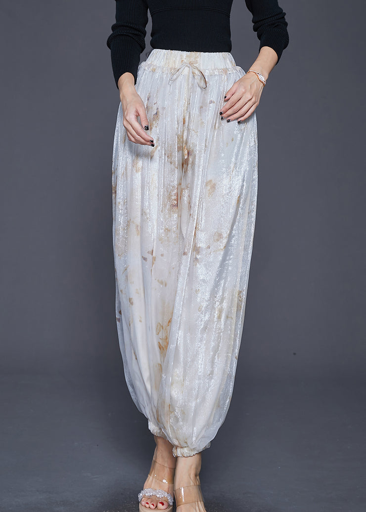 Style White Elastic Waist Tie Dye Silk Harem Pants Fall