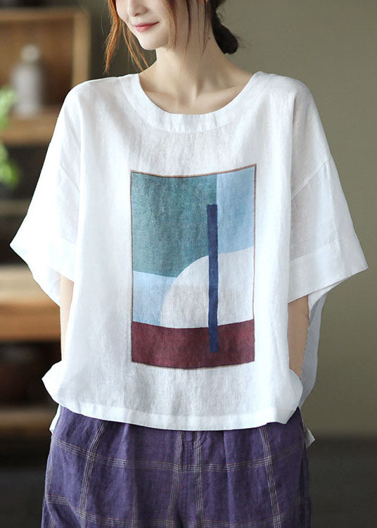 Style White O-Neck Oversized Print Linen Tank Tops Short Sleeve